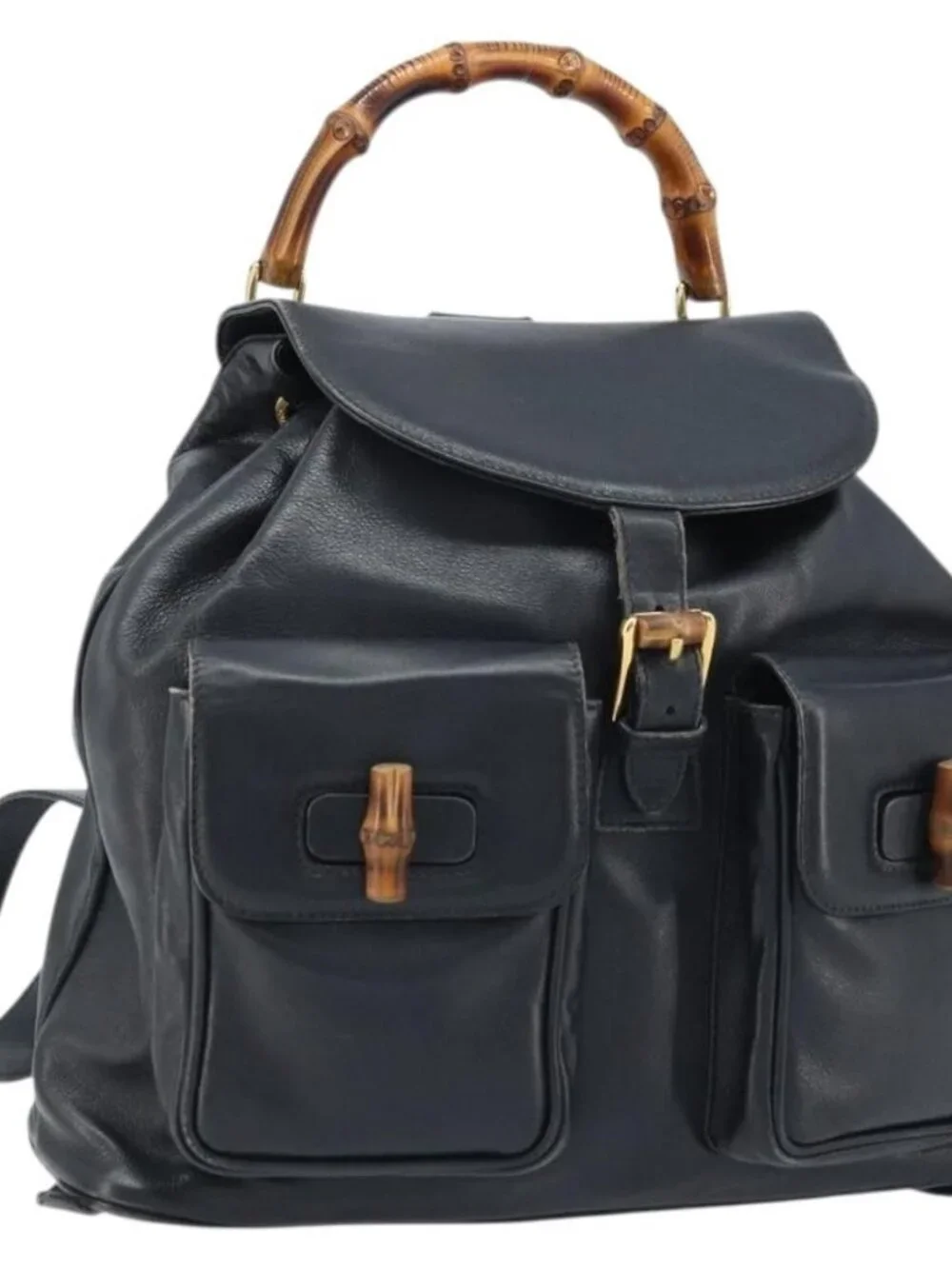 GUCCI Bamboo Backpack Leather Black Gold 003 2058 0016 Auth gh2009